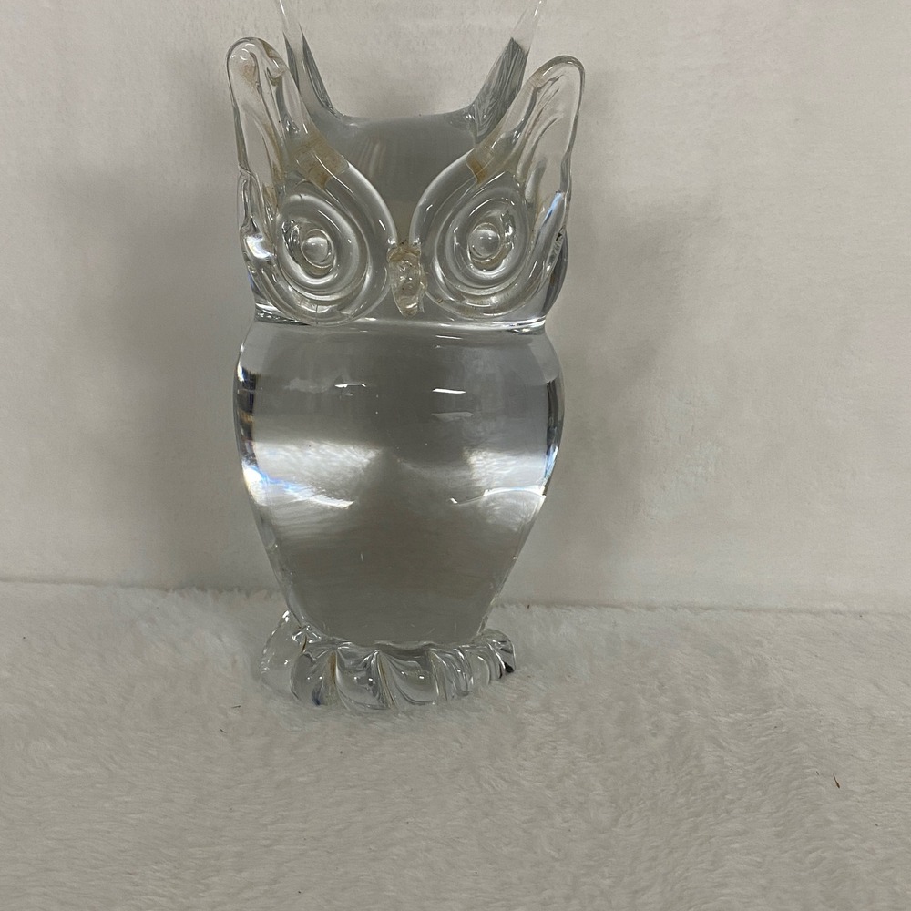 Signed‎ Murano Style Art Glass Owl Figurine Clear Crystal Etched